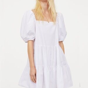 H&M White Poplin Square Neck Puff Sleeve Mini Dress Cotton XS